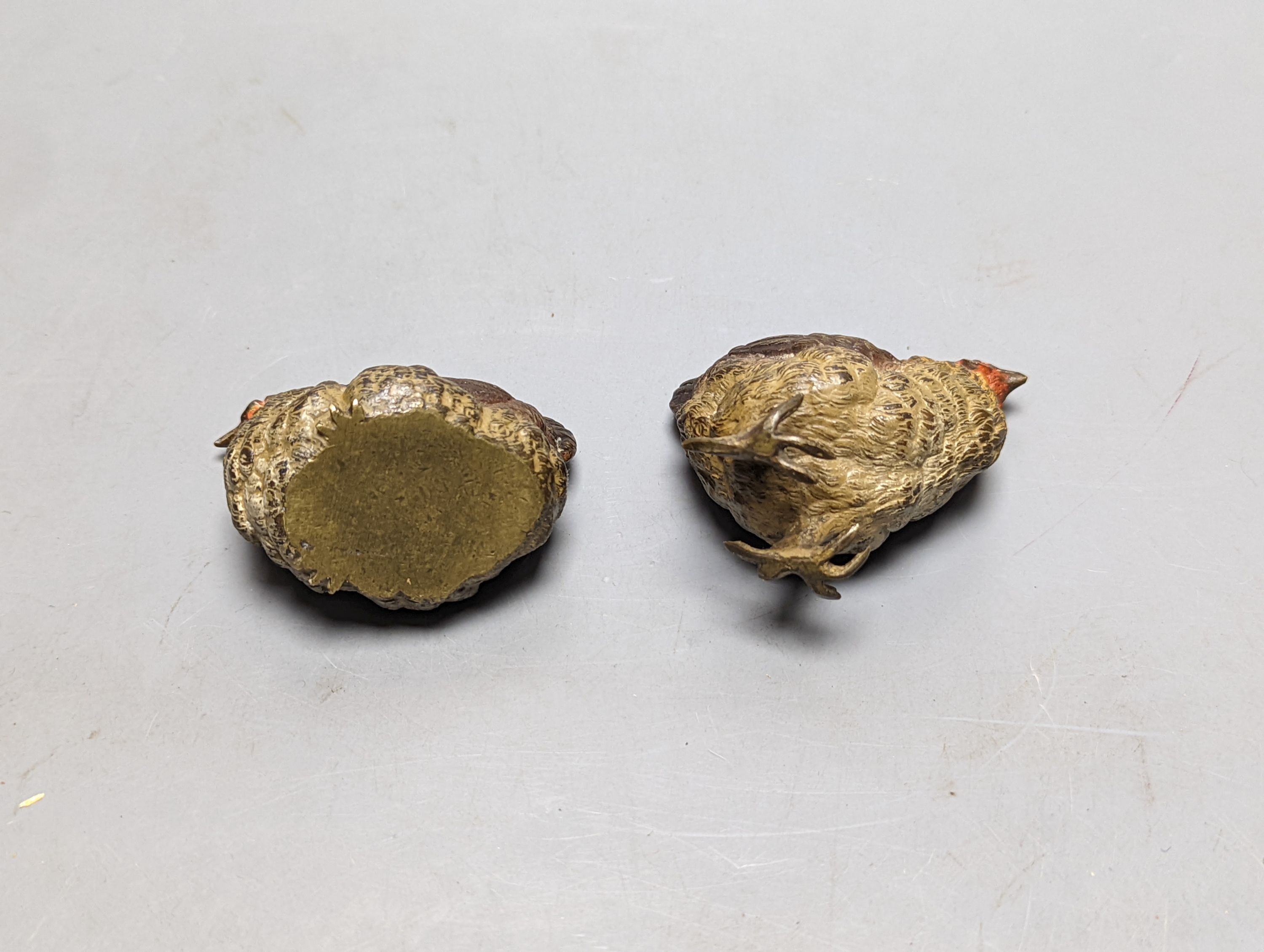 A pair of late 19th century cold painted bronze models of a cock and hen, 66mm